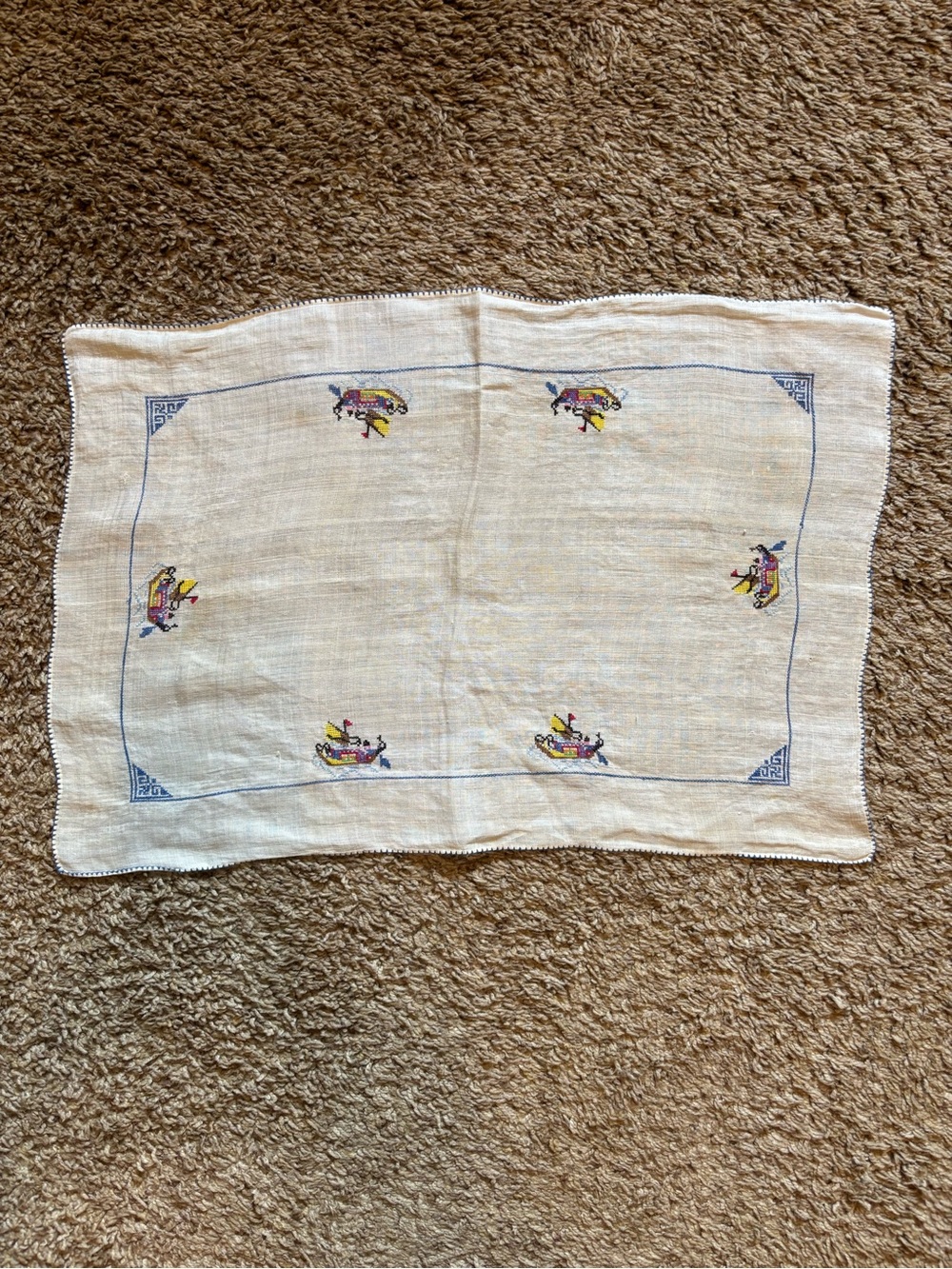Embroidered Linen Table Runner in Cream with Blue and Yellow Accents